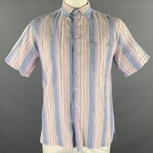 NEIMAN MARCUS Size L Blue Pink Purple Stripe Linen Short Sleeve Shirt